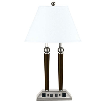 Lampe de bureau en métal 60 W x 2, 68,5 cm de hauteur, acier brossé espresso, abat-jour en lin, 2 ports USB, 2 prises de courant