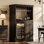 Armoire bar H 64,2 po avec mini espace réfrigérateur - Finition noire, support à vin, porte-verre, tiroir et porte