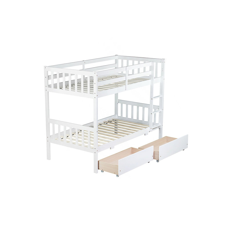 2 Drawers Solid Wood Standard Bunk Bed, White, Twin Over Twin