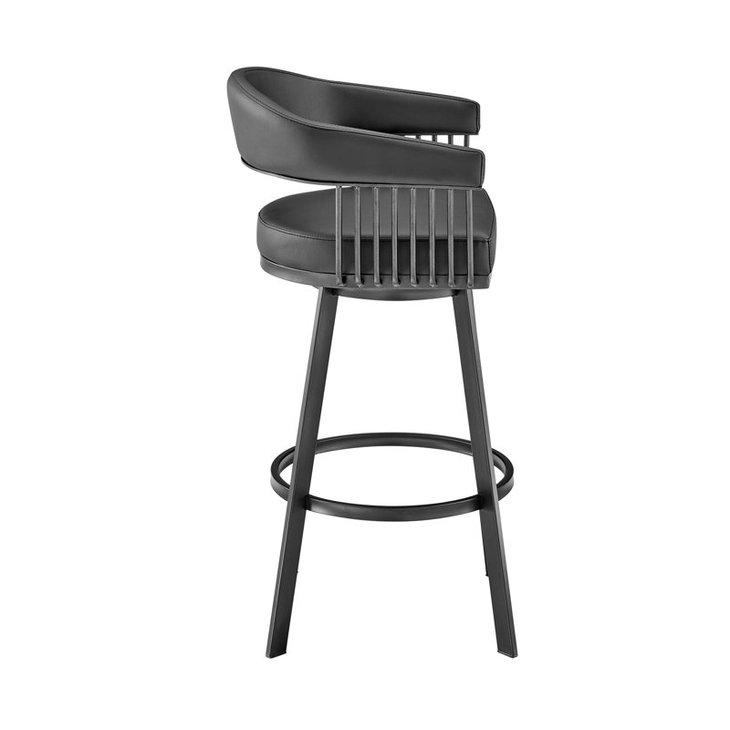 Robinett Swivel Counter or Bar Height Bar Stool with Arms and Footrest in Faux Leather and Metal, Black, Black