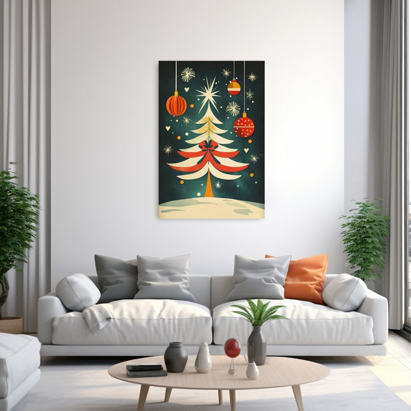 «Festive Mid-Century Tree Classic Modern Retro Christmas Tree Winter Landscape», reproduction d'art mural, 60" H x 40" W