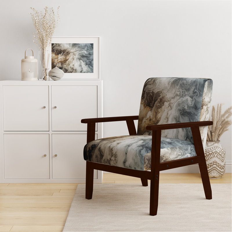Berdahl Marble Upholstered Armchair, Gray Polyester, Brown Square Arms