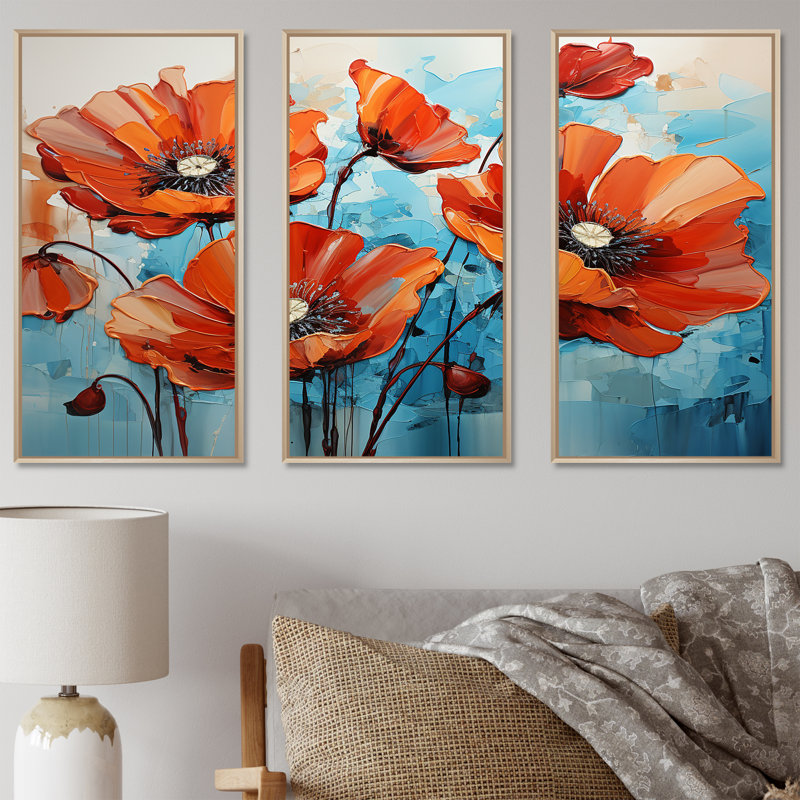 Orange et bleu «Poppy Meadow» - art mural coquelicots, Cadre flottant brun, H 28 po x l 36 po x P 1 po