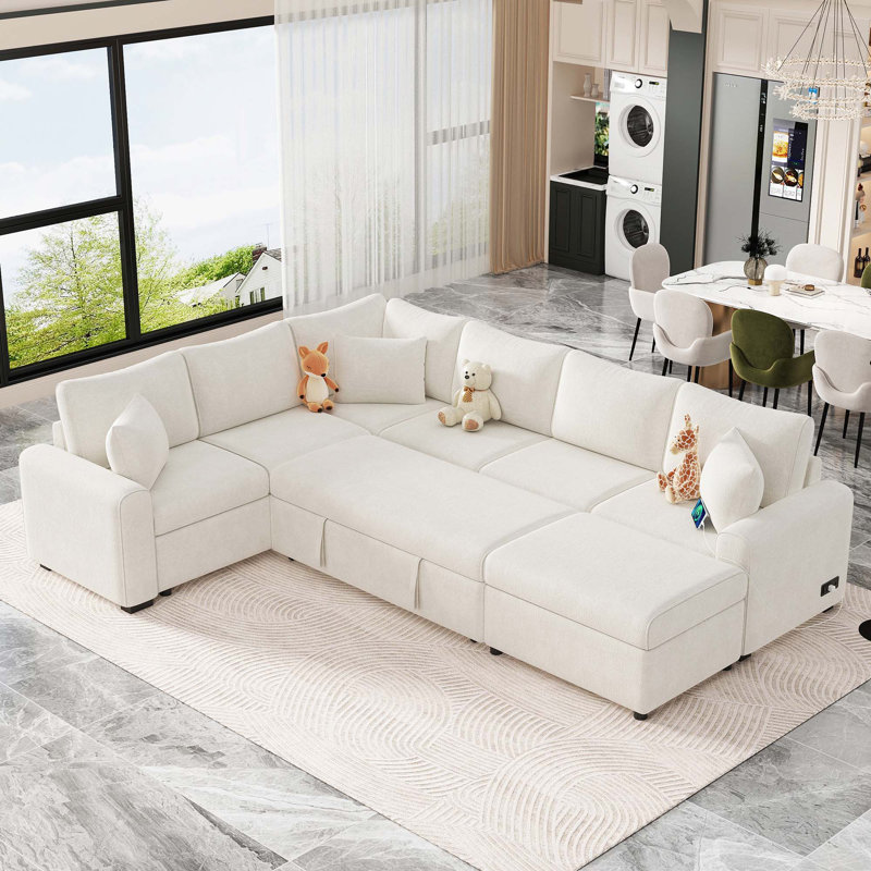 Divan-lit modulaire avec canapé-lit de rangement de 112,2 po avec repose-pieds, trois coussins et dispositifs de chargement pour le salon