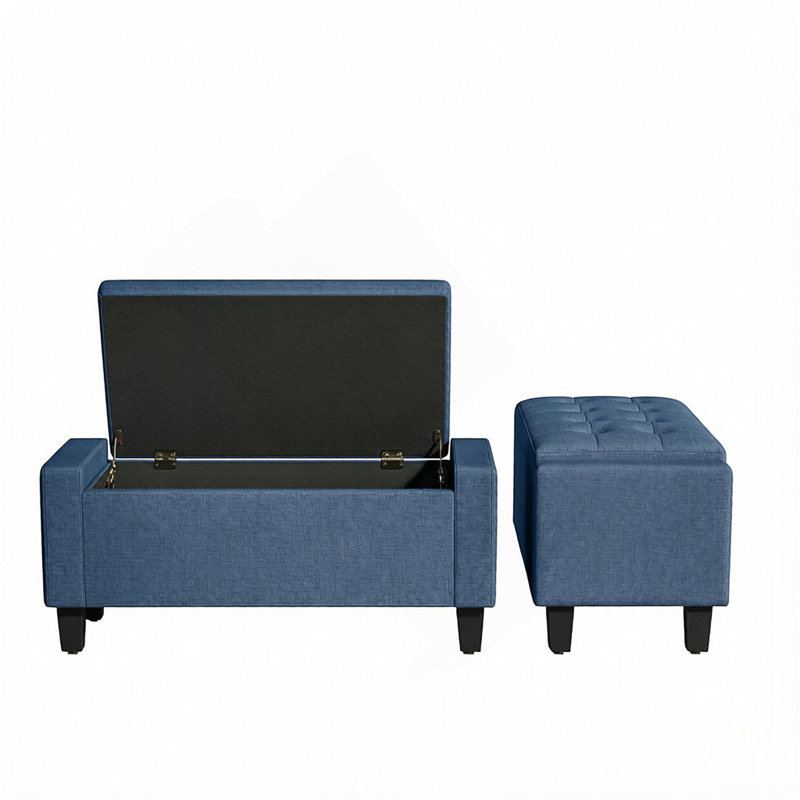 Banc repose-pieds capitonné avec pieds en bois, Blue, Blue