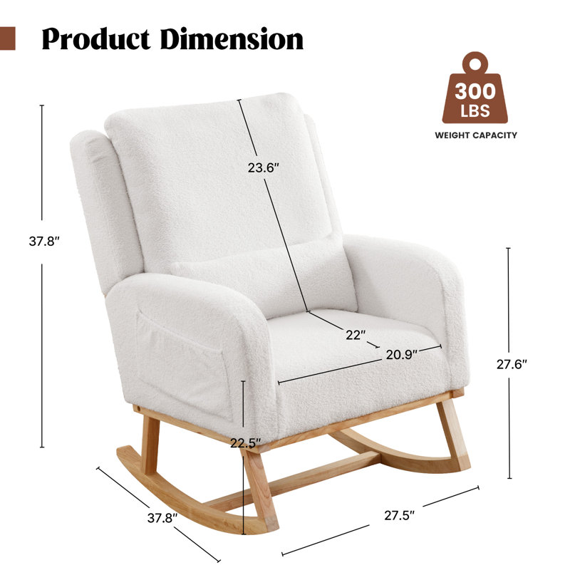Chaise berçante de 27,5 po de largeur avec pieds en bois massif et coussin lombaire ergonomique, Teddy blanc