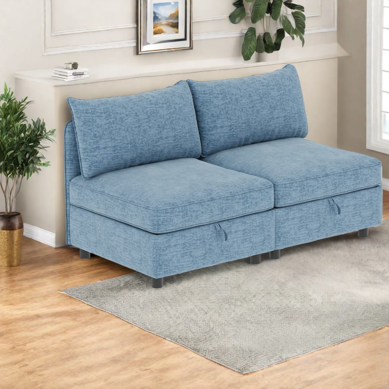 Canapés modernes compacts avec rangement, chenille bleu antique pour petits espaces