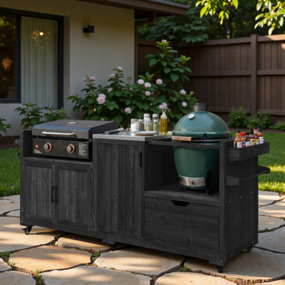 Îlot de cuisine extérieur avec plateau en acier inoxydable, table d'appoint réglable, tiroir, supports de rangement internes, support à épices, porte-serviettes en papier et 5 crochets en S