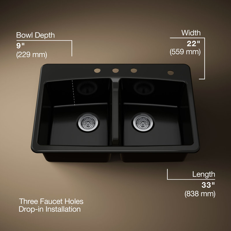 33" L x 22" W x 9-5/8" Top-Mount Double-Equal Kitchen Sink, 4 Hole, Black