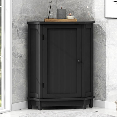 Black Bathroom Cabinet Triangle Corner Storage Cabinet with Adjustable Shelf Modern Style MDF Board