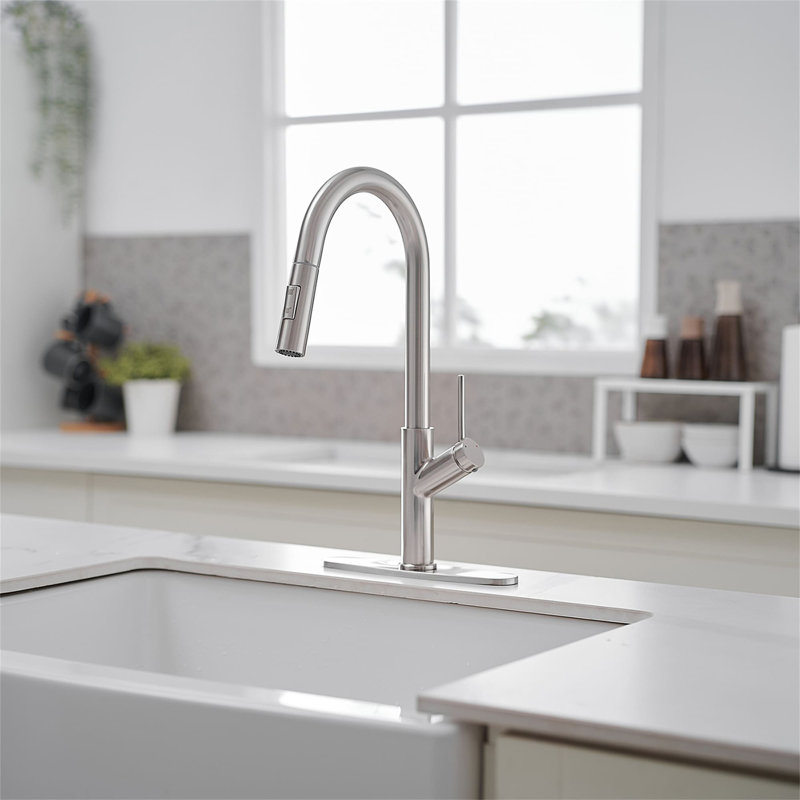 Robinet de cuisine à un trou avec douchette extractible et robinets d'évier de cuisine à poignée simple, Nickel brossé