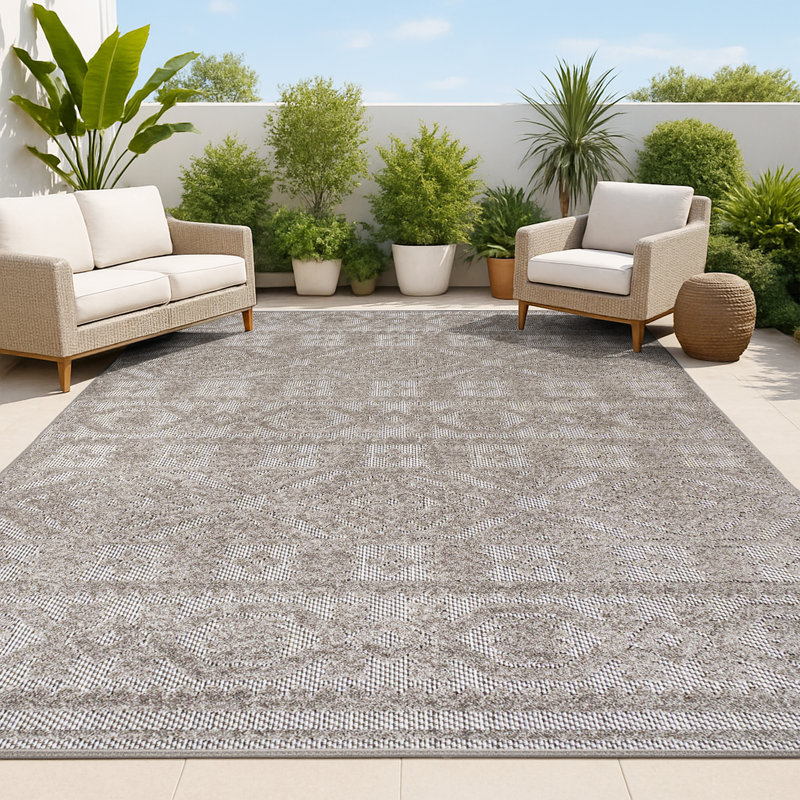 Citta High-Low Pile Mediterranean Tile Dark Gray/Ivory Indoor/Outdoor Rug, Rectangle 5' x 8'