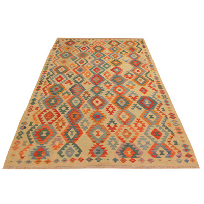 Tapis orange/bleu en laine fait main kilim one-of-kind Sinclair