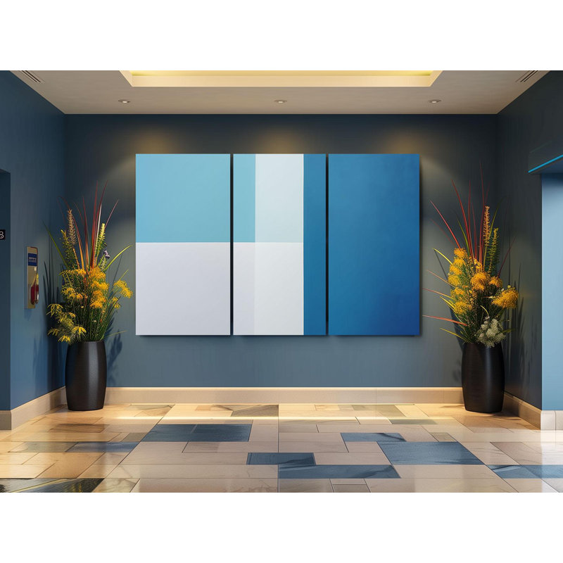 «Triptych», art mural sur toile - ensemble de triptyque abstrait bleu minimaliste - grande décoration murale géométrique pour des intérieurs modernes