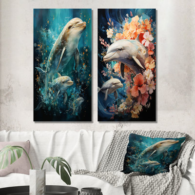 Dolphin Aquatic Harmony - Dolphin Wall Art Prints Set Of 2