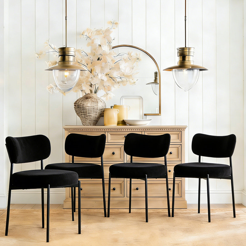 Boucle Dining Chairs Set of 2, Kitchen Chairs Set of 2 with Cushion and Curved Backrest for Living Room Restaurant, Black