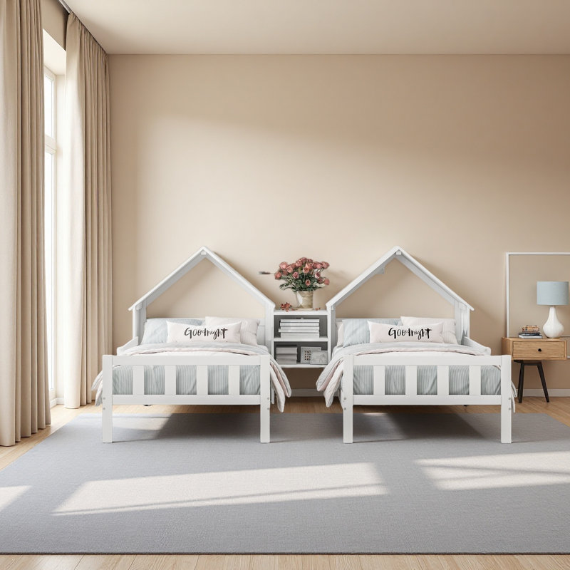 Lit plateforme simple double avec tête de lit en forme de maison, Blanc