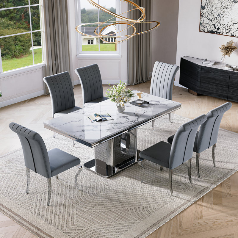 70.08”Faux Marble Top Pedestal Dining Table Set, White, Gray/Silver, Silver