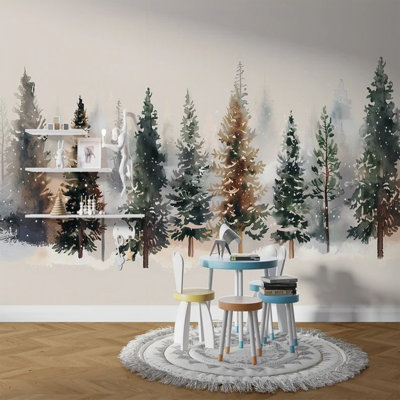 Hiver, aquarelle, forêt de pins