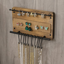 Mkono Rustic Wall Mounted Jewelry Organizer with Bracelet Rod and 30 Hooks