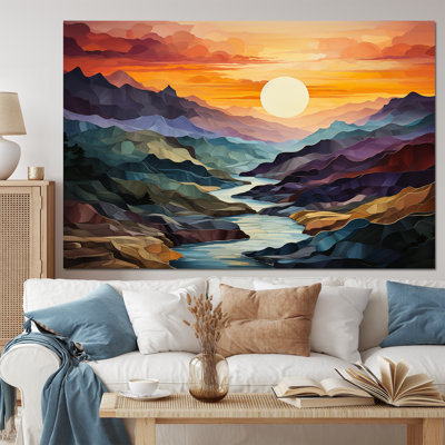 Orange Teal Mountains Bold Landscape - Modern Wall Art Living Room