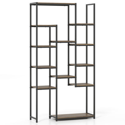 Étagère géométrique vintage de 180 cm de haut avec 12 tablettes ouvertes, structure robuste en bois d'ingénierie et métal, idéale pour les livres, les plantes et la décoration, couleur noyer