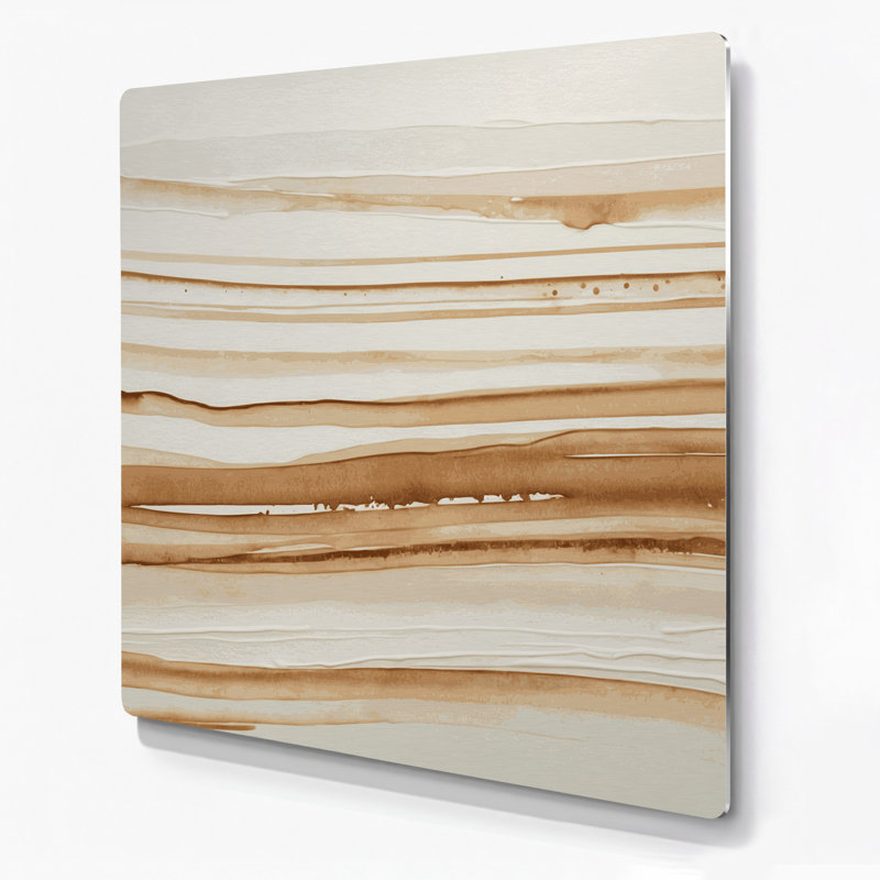 Art mural horizontal rayé en métal brun clair beige et blanc, H 12 po x l 12 po
