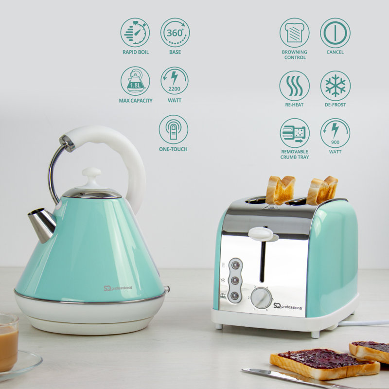 SQ Professional Dainty 1.8L Stainless Steel Electric Kettle and 2 Slice Toaster Set, Green