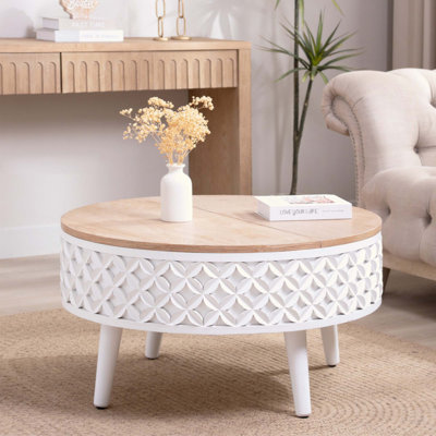 Round Coffee Table With Storage – Lift-Top Accent Table, Boho Modern Farmhouse Living Room Furniture, Carved Base With Natural Wood Top