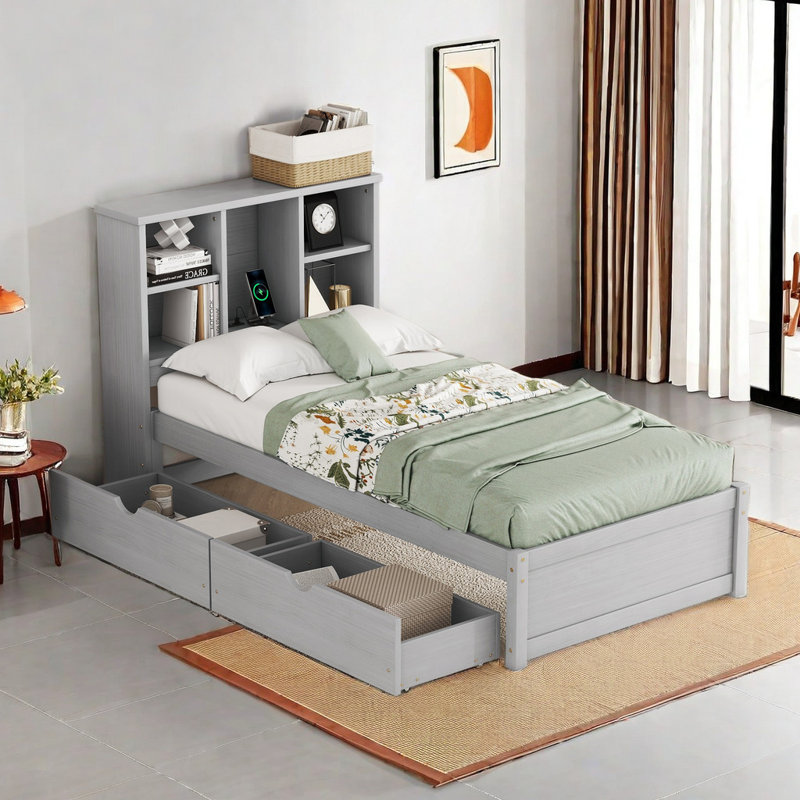 Jainam Bookcase Bed, Gray
