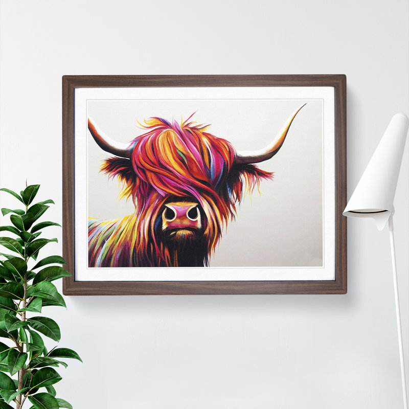 Vibrant Highland Cow Abstract - Framed Print, 46cm H x 64cm W x 2cm D, Walnut