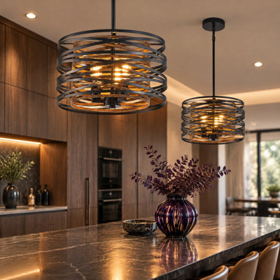 Lustre industriel noir à 3 lumières de 13 pouces, suspension de style ferme avec texture de bois