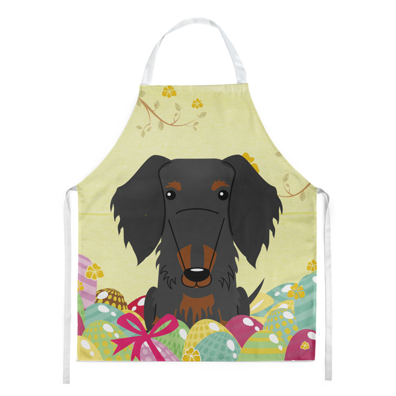 Easter No Pattern Bib Apron, Yellow/Black/Tan, Wire Haired Dachshund