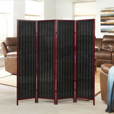 Roundhill Furniture Inkwell 4-Panel Bamboo Room Divider, Folding Portable Partition Screen, Black With Red Frame