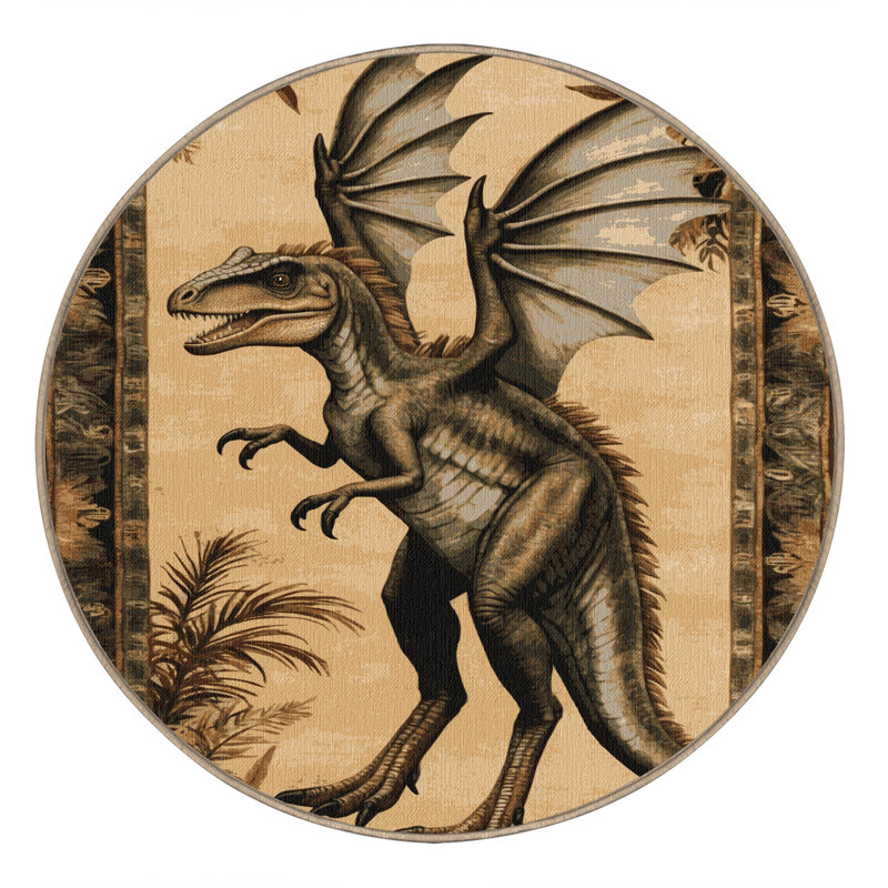 Tapis beige dinosaures lavable à la machine, Rond 3 pi