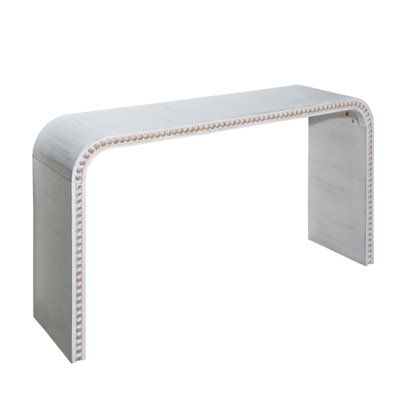 Washed White Console Table with Curved Waterfall-Style and Wooden Bead Detailing, Perfect for Entryways and Hallways