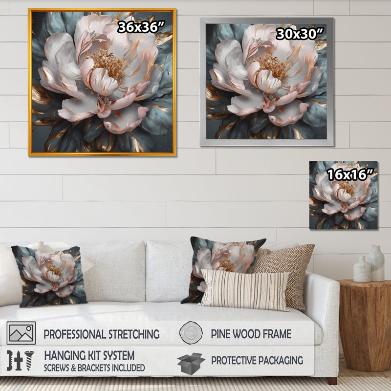Pivoines roses et grises en fleurs I - impressions florales sur pivoines, Cadre photo noir, H 24 po x l 24 po