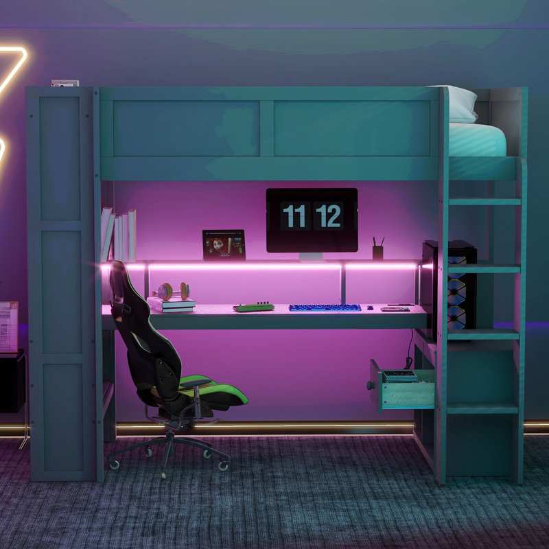 Lit mezzanine double en bois avec bureau, tablettes multiples, DEL et station de charge, Lit simple