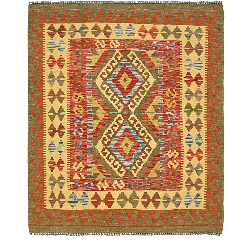 Tapis de zone en laine beige/vert 3 pi 2 po x 3 pi 8 po one-of-kind-noué la main Doorfield