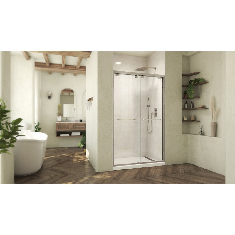 Nickel Frameless Clear Glass Sliding Shower Door, 48 x 76 in.