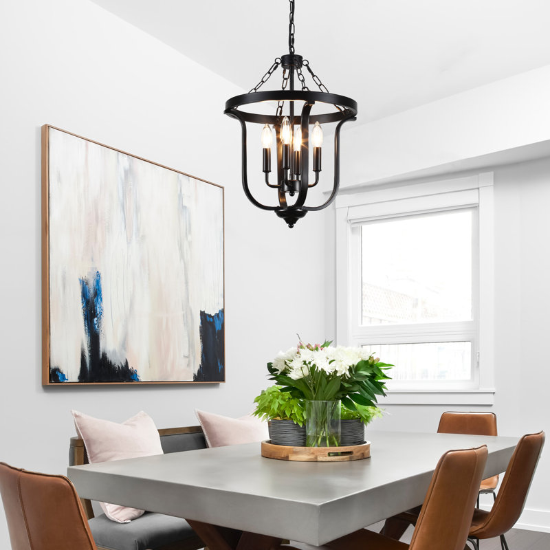 Anndrea 4 - Light Dimmable Candle Style Lantern Geometric Chandelier, Matte Black