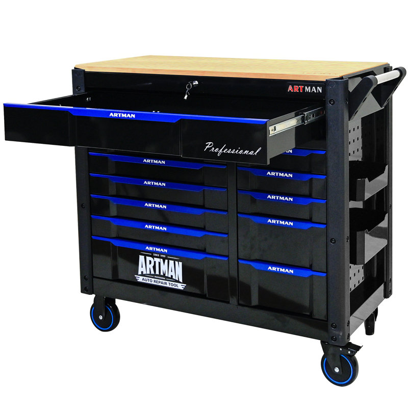 Wagon à outils multi-usages à 12 couches avec roulettes et comptoirs en bois
