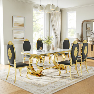 Modern Glass Dining Table Set With Tempered Glass Top, Stainless Steel G-Shaped Base, And High-Back Flower-Pattern PU Leather Chairs