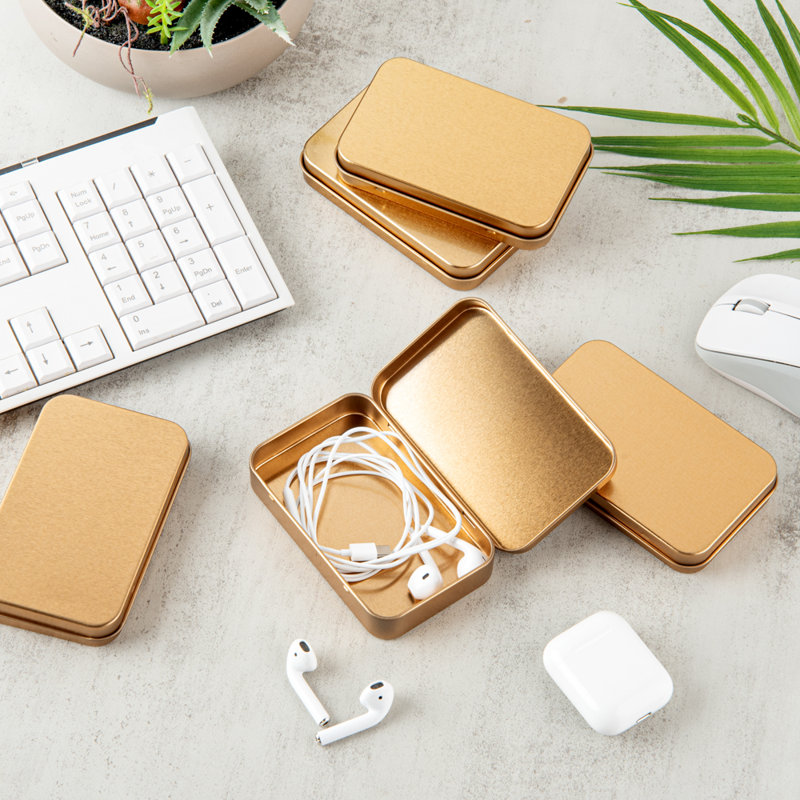 Restaurantware-RW Base 5.8 Ounce Rectangular Tin Containers, 10 Durable Tin Boxes With Lids - Hinged Lids, Rounded Edges, Gold Storage Containers, Customizable, Fits Mints, Pills, Or Herbs