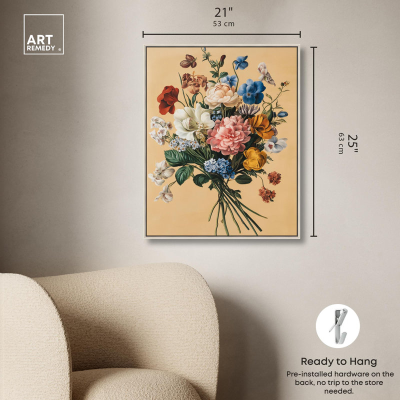 Art floral délicat sur toile par Fiesta, H 25 po x l 21 po, Cadre argenté
