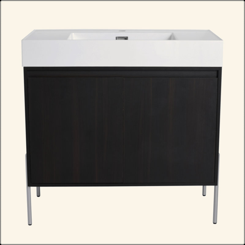 Meuble-lavabo sur pied 36 po avec lavabo en résine, armoire de rangement avec portes à fermeture douce