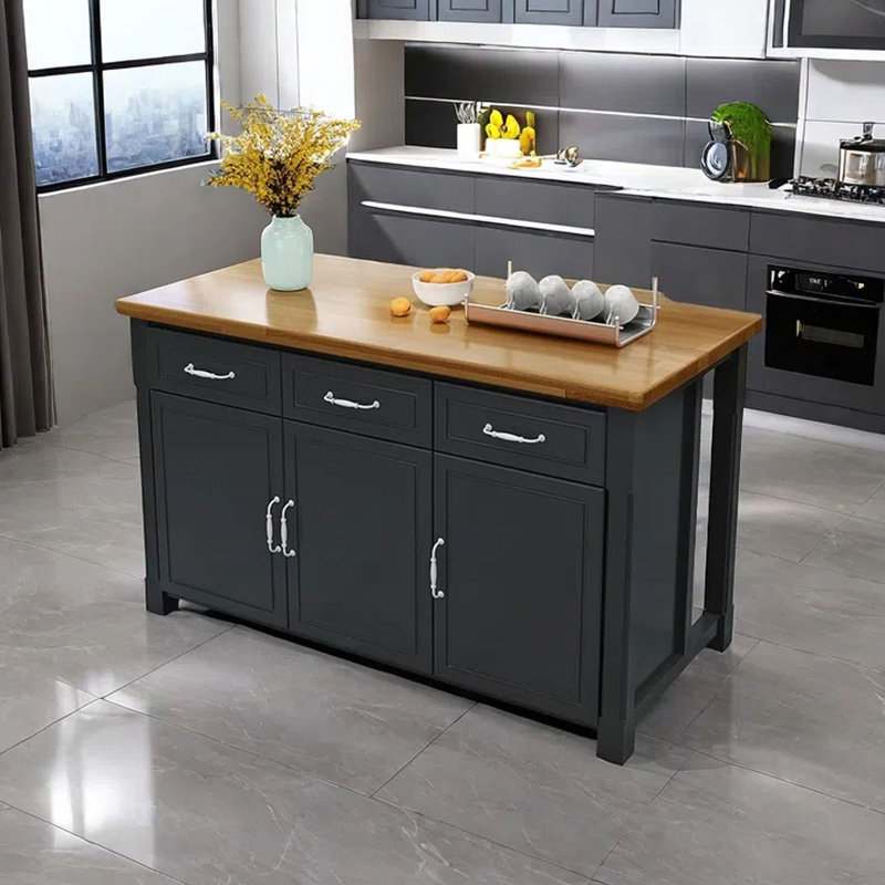 62.99" Solid Wood Kitchen Island, Black