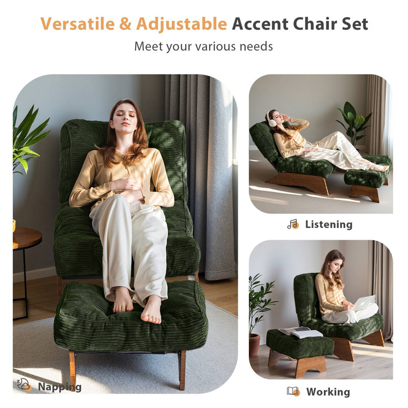 Lounge Chair with Ottoman,Adjustable Backrest Tufted Accent Chair with Footrest Set, Dark Green