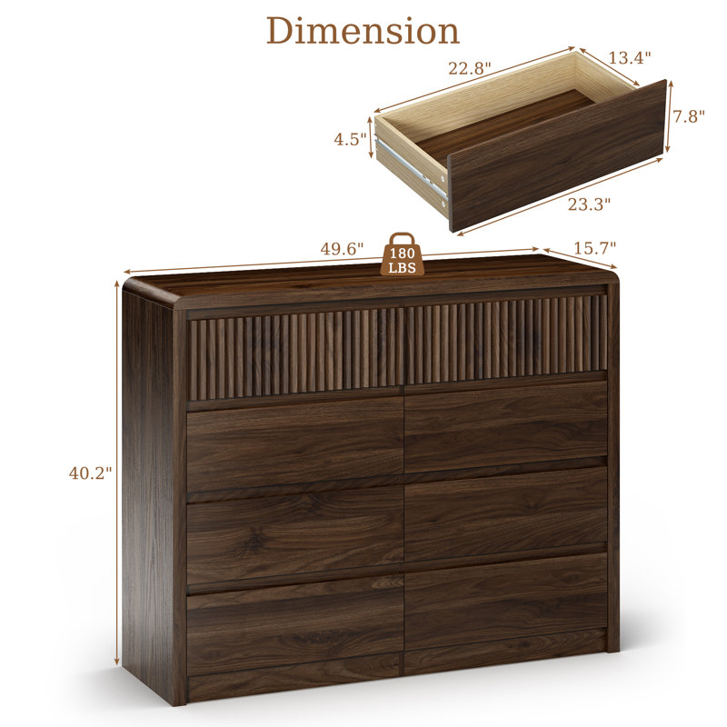Commode 8 tiroirs H 40,2 po pour chambre à coucher, commode double en noyer, grande commode , Brun