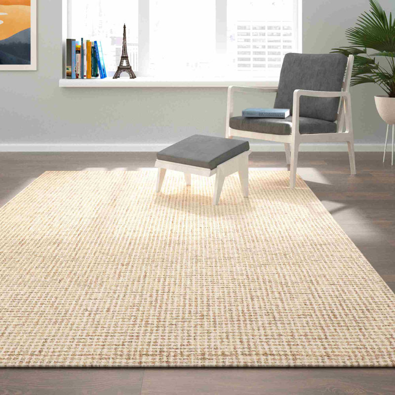 Abstract Contemporary Grid Handmade Wool Blend Area Rug, Rectangle 9' x 12', Beige/Ivory
